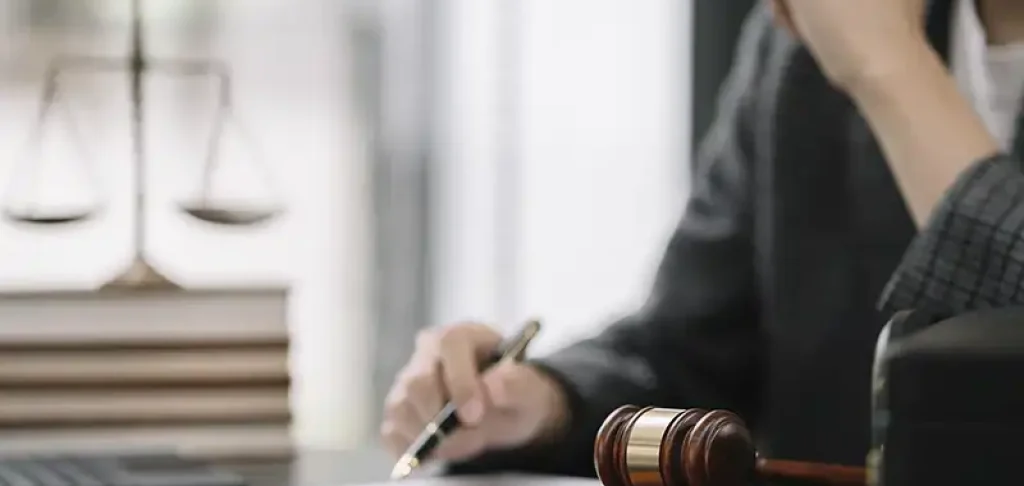 papeis-e-processos-judiciais-com-advogada-no-fundo-desfocada
